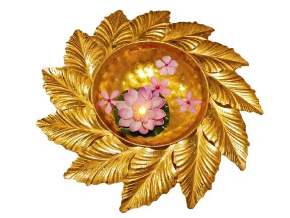 Leaf Shape Metal Urli Bowl In Plain White Background