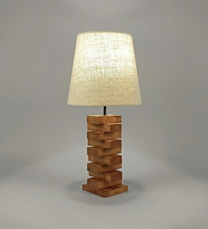 Stacked Wooden Block Table Lamp with Fabric Linen Shade-artycraftz.com