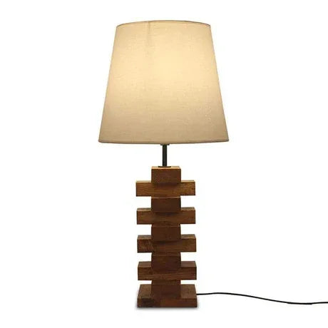 Libra Brown Wooden Table Lamp with White Fabric Lampshade - ArtyCraftz.com