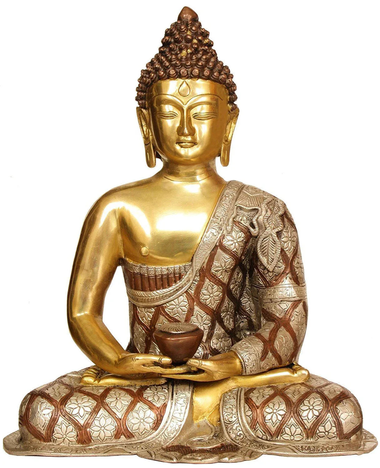 Lord Buddha Dhyana Mudra (Robes Decorated Lotus Flowers) - Brass Statue-17 Inches - ArtyCraftz.com