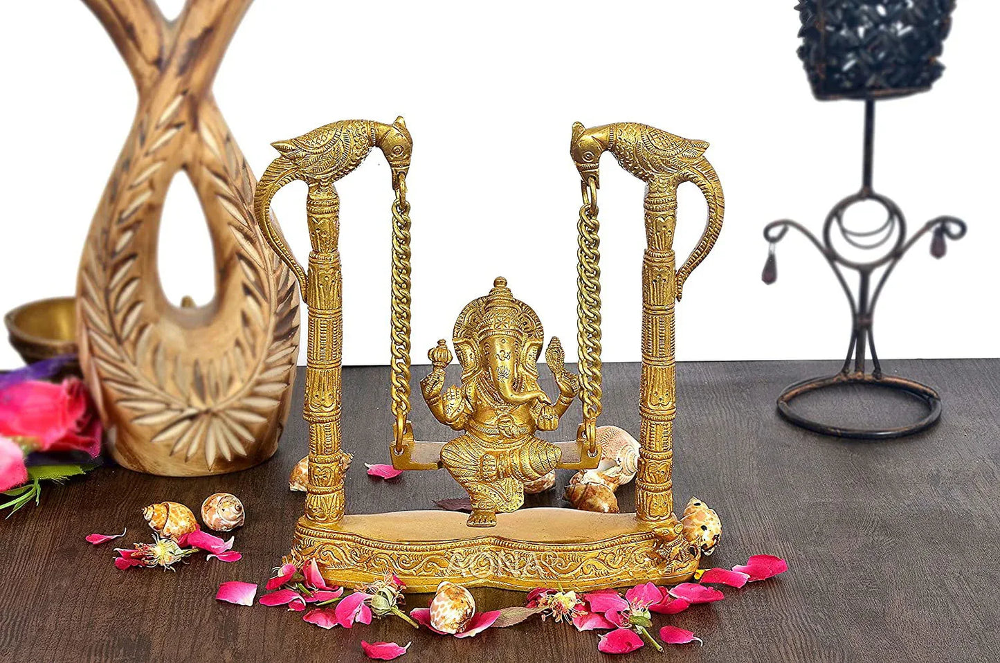 Lord Ganesha on a Parrot Swing Brass Sculpture Height 7. 7inches - ArtyCraftz.com
