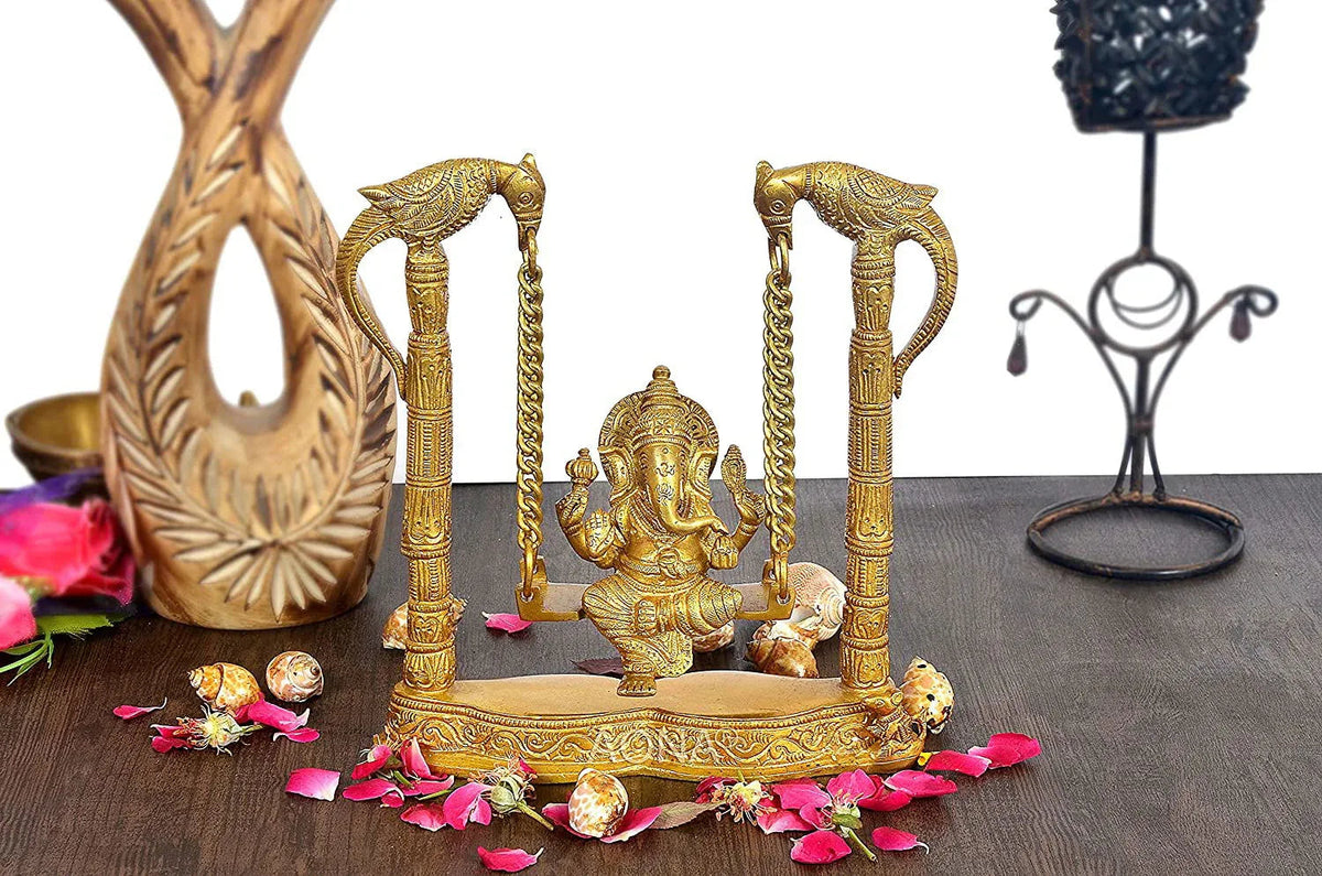 Lord Ganesha on a Parrot Swing Brass Sculpture Height 7. 7inches - ArtyCraftz.com
