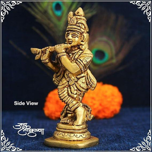 Lord Krishna Brass Statue Playing Flute Hindu God Idol - ArtyCraftz.com