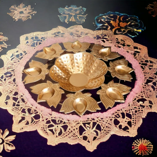 Lotus Diya Rangoli Bowl Urli In Blue Floor Mat Background