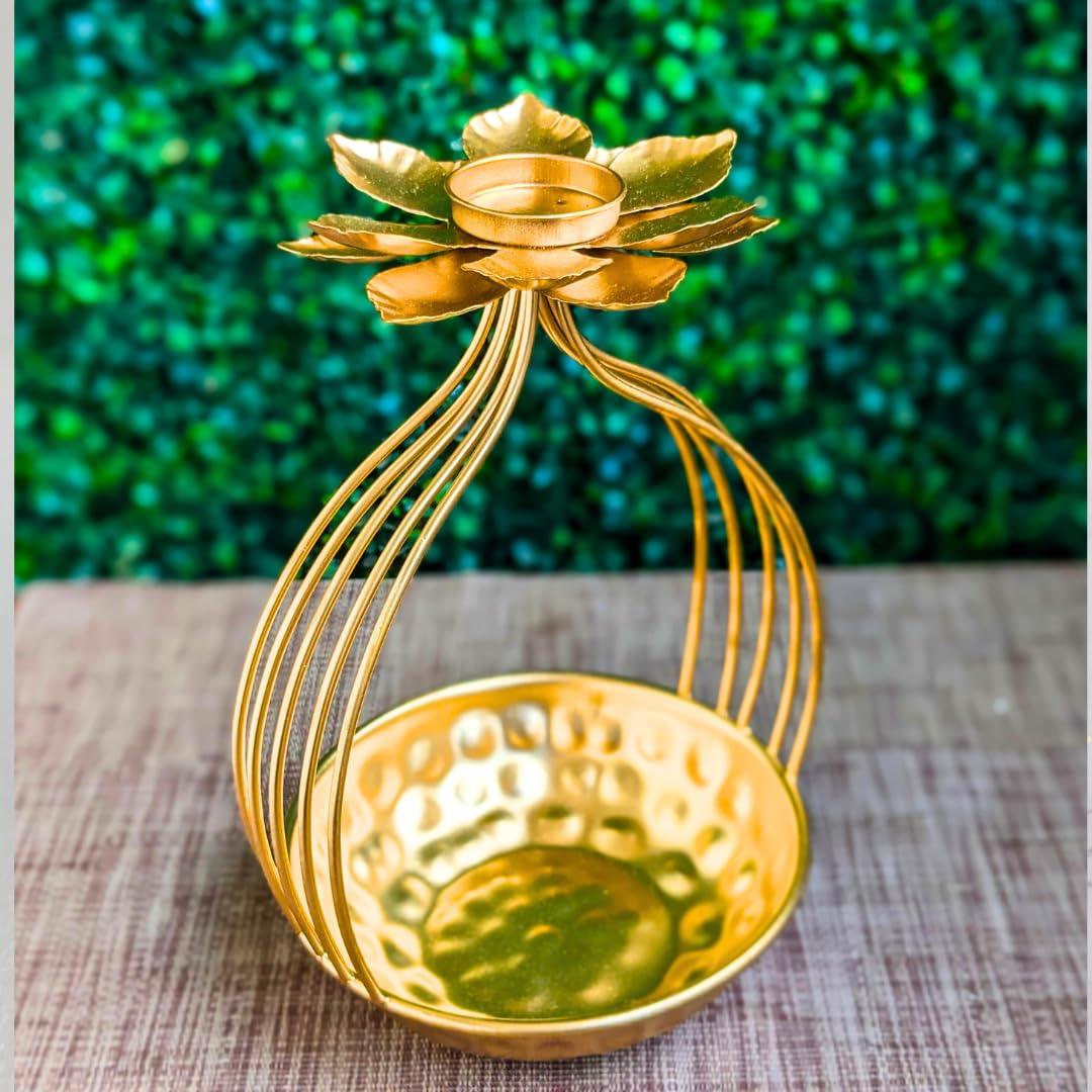 Gold lotus candle holder with curved metal stand and matching bowl base