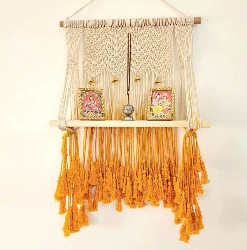 Macrame Handmade Cotton Thread Wooden Made Single Tier Beautiful Shelf Hanging - ArtyCraftz.com