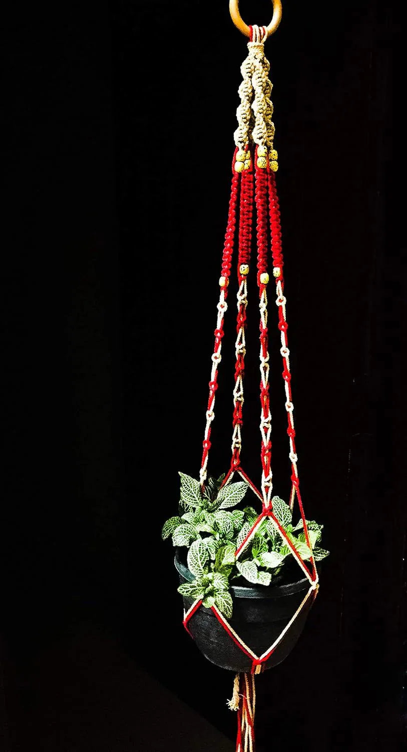 Macrame Plant Hanger with Beads (Red and Beige) - ArtyCraftz.com