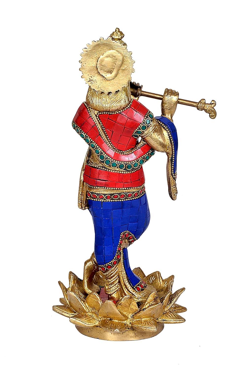 Majestic Brass Krishna Playing Flute on Lotus Base Statue-ArtyCraftz.com