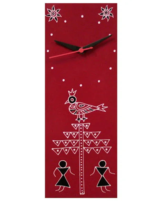 Maroon Warli Hand Painted Wall Clock - ArtyCraftz.com