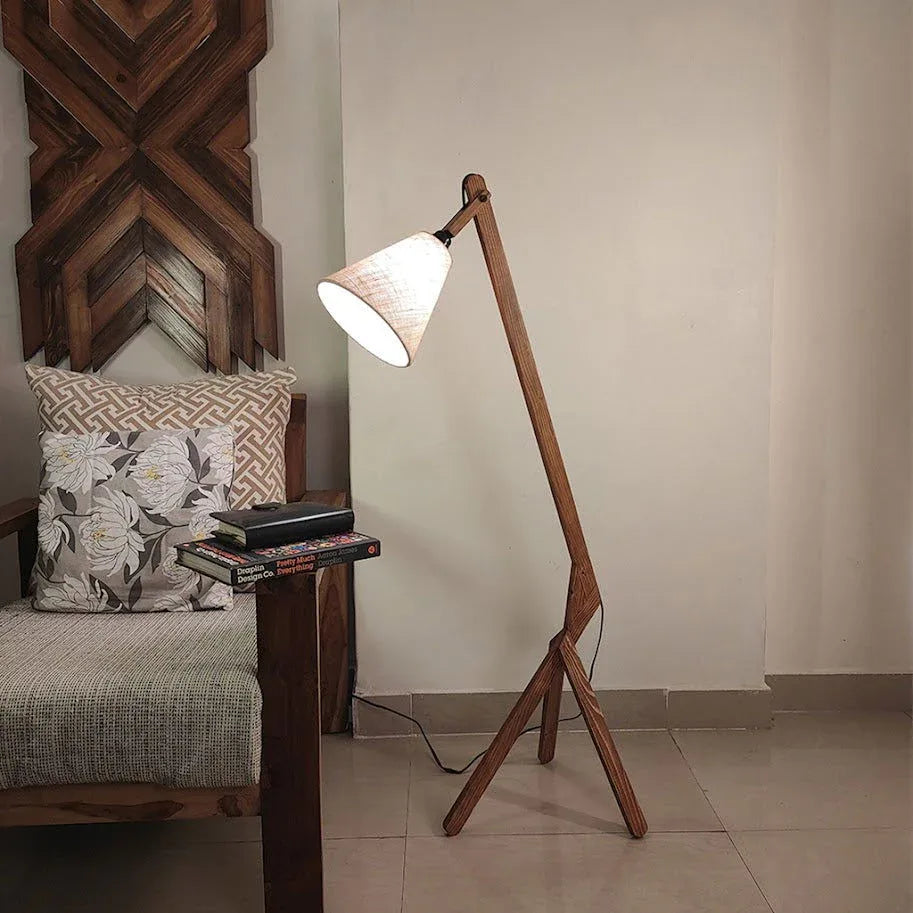 Melman Wooden Floor Lamp with Brown Base and Beige Fabric Lampshade - ArtyCraftz.com