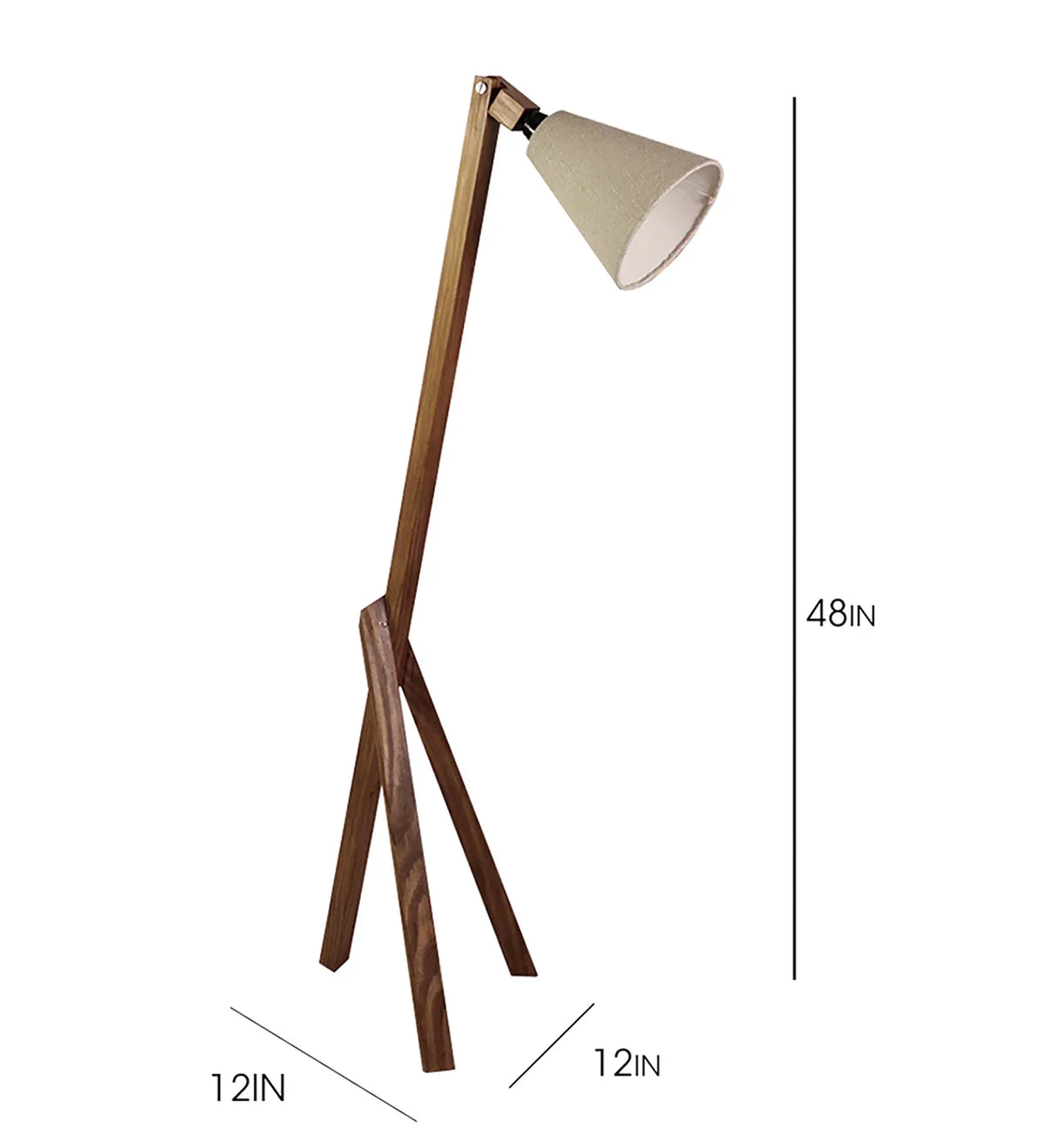 Floor lamp with wooden base and adjustable arm, shown with measurements on a white background.