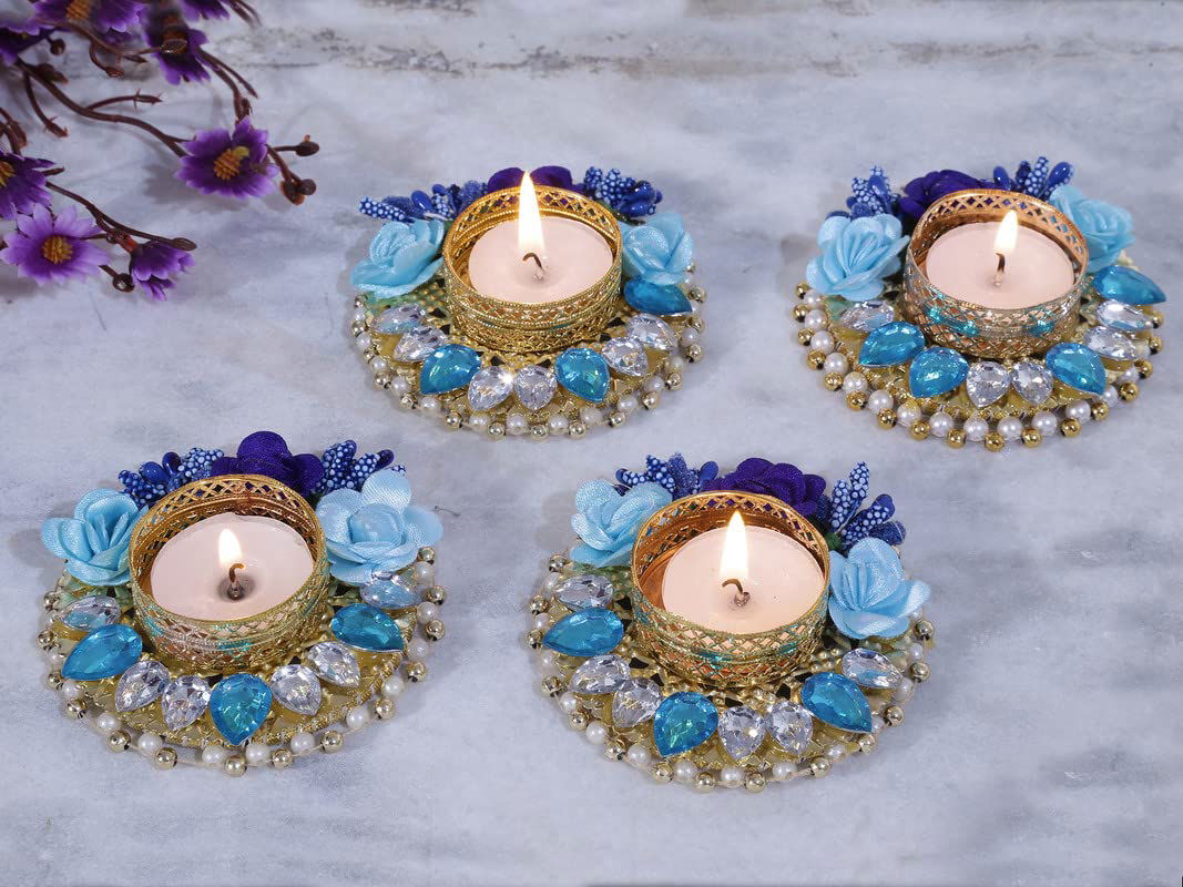 Mesmerizing Blue Tealight Candle Holder for Home Decor,Deepawali Gift,Candle Light Diya Lights for Decoration,Diwali Ganpati Decoration,Oil Lamp,Dheepam | Diwali Diya for Puja (4 Pcs) - ArtyCraftz.com