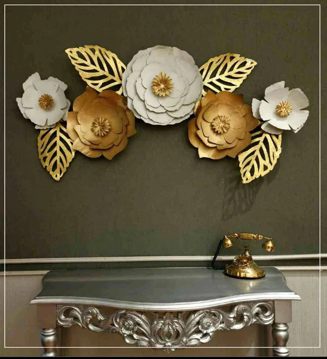 Metal Big Flowers with Golden Leaves Wall Art-ArtyCraftz.com