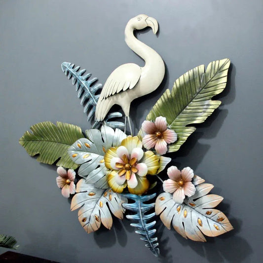 Metal Flamingo with Flowers Wall Art-ArtyCraftz.com
