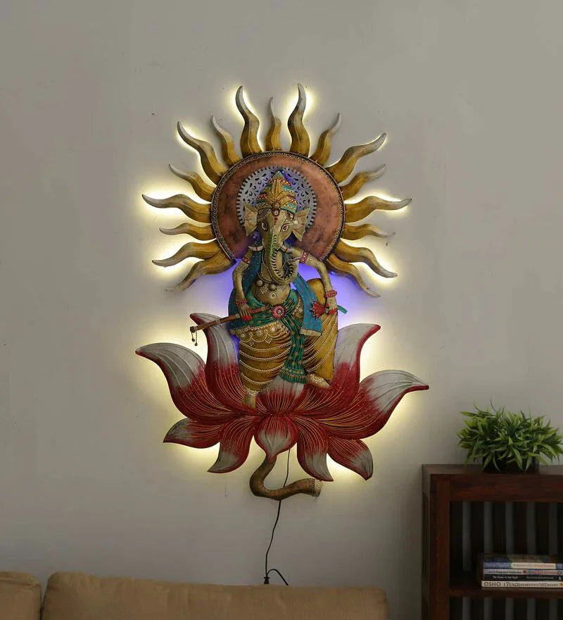 Metal Ganesha On Lotus With LED Wall Art - ArtyCraftz.com