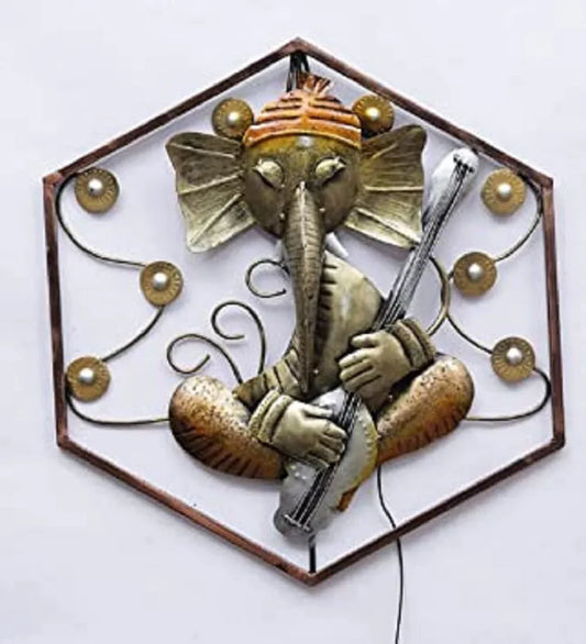 Metal Hexagonal Sitar Ganesh LED Wall Art-ArtyCraftz.com