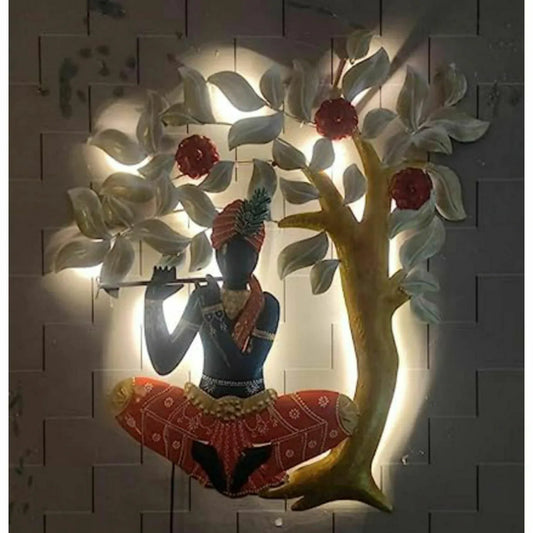 Metal Krishna Musician With Led Wall Art