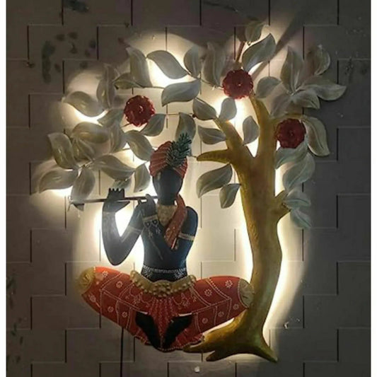 Metal Krishna Musician With Led Wall Art
