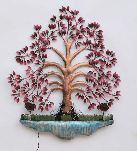 Metal Pink Leaves and Cycle LED Wall Art-ArtyCraftz.com