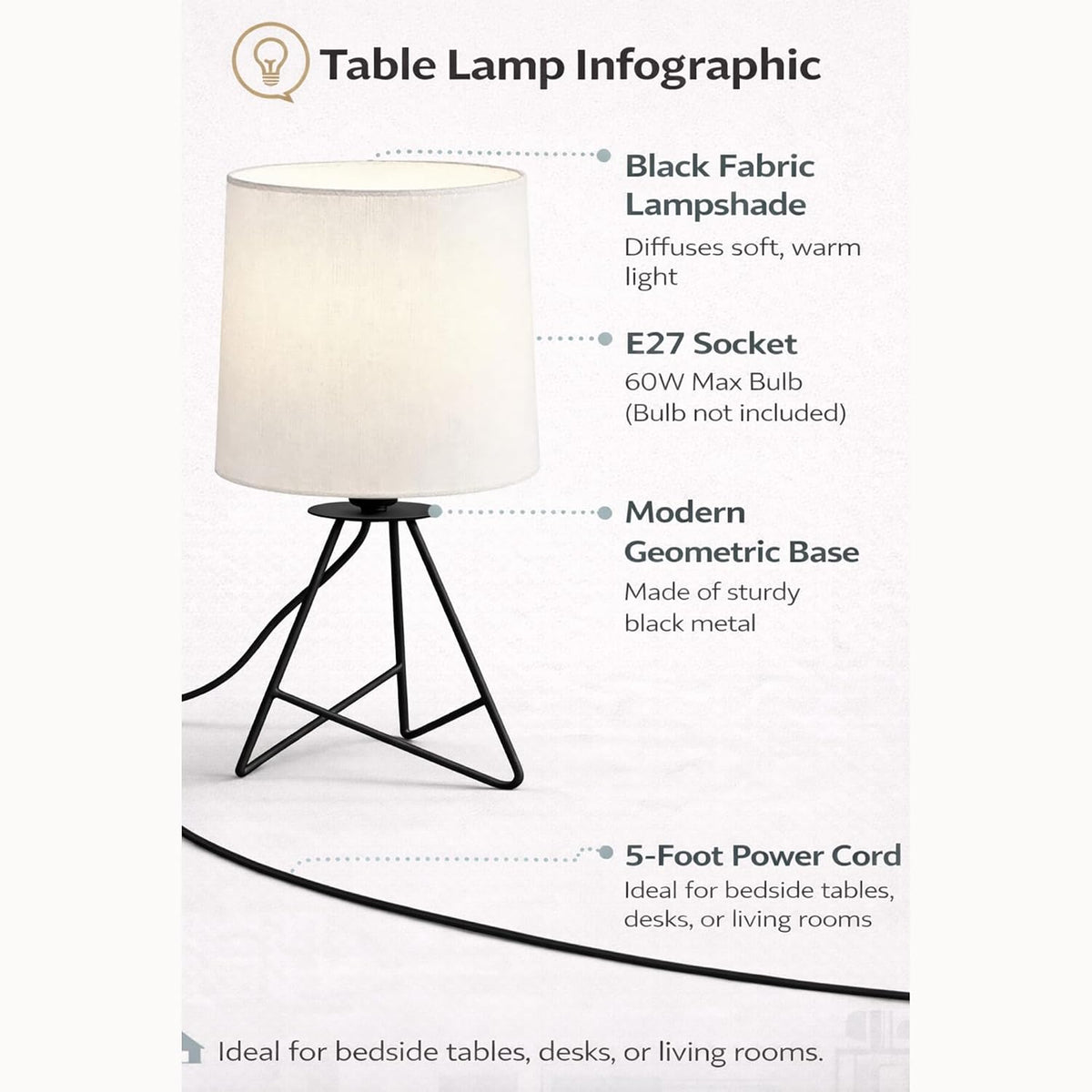 Metal Table Lamp with Black Base and Premium White Fabric Lampshade-artycraftz.com