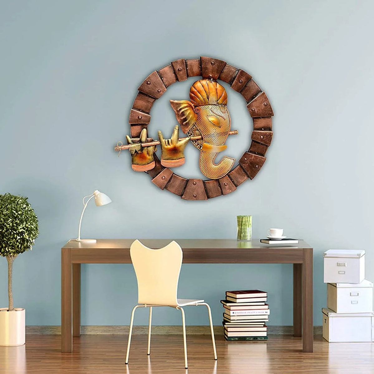 Metal Wall Mounted Lord Ganesha Playing with Flute LED Light - ArtyCraftz.com