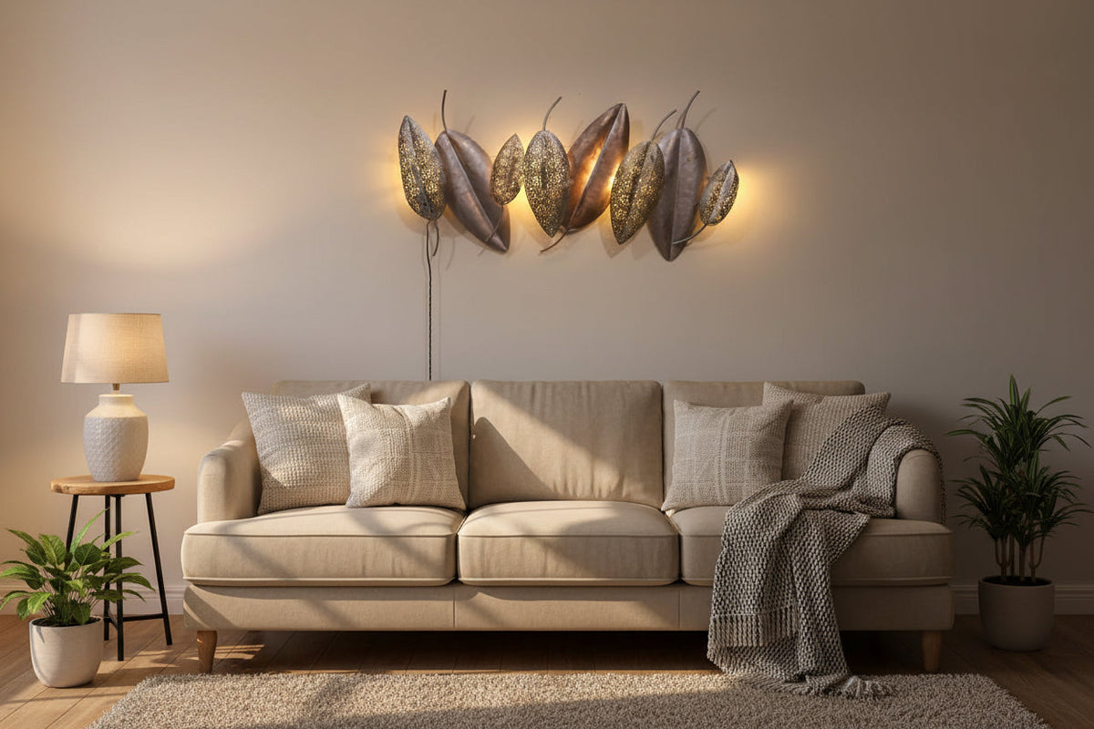 Metal leaf wall art with LED lights measuring 42 x 1 x 19 inches- ArtyCraftz.com