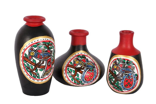 Miniature Madhubani Table Pots In Terracotta Black - Flower Vase - ArtyCraftz.com