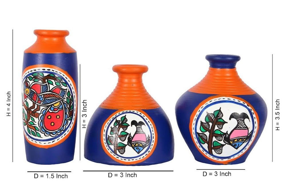 Miniature Madhubani Table Pots In Terracotta Blue - Set of 3 - ArtyCraftz.com