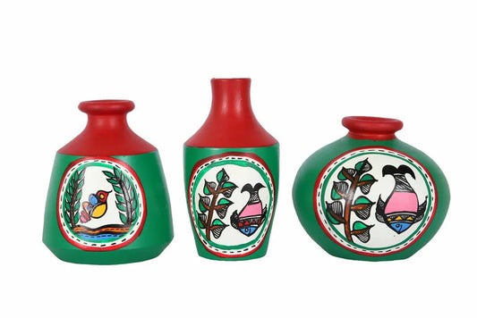 Miniature Madhubani Table Pots In Terracotta Green - Flower Vase - ArtyCraftz.com