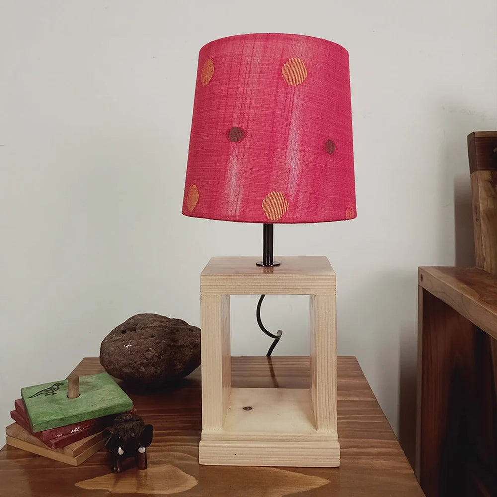 Moby Brown Wooden Table Lamp with Red Printed Fabric Lampshade - ArtyCraftz.com