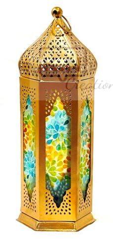 Moroccan Iron Hanging Lanterns with Multicolor Glass Panel-ArtyCraftz.com