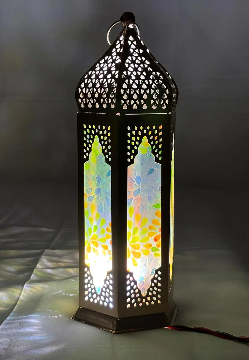 Moroccan Iron Hanging Lanterns with Multicolor Glass Panel-ArtyCraftz.com