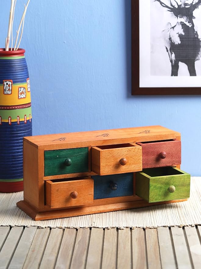 Multi coloured Wooden Chest Drawer With Parrot Carving