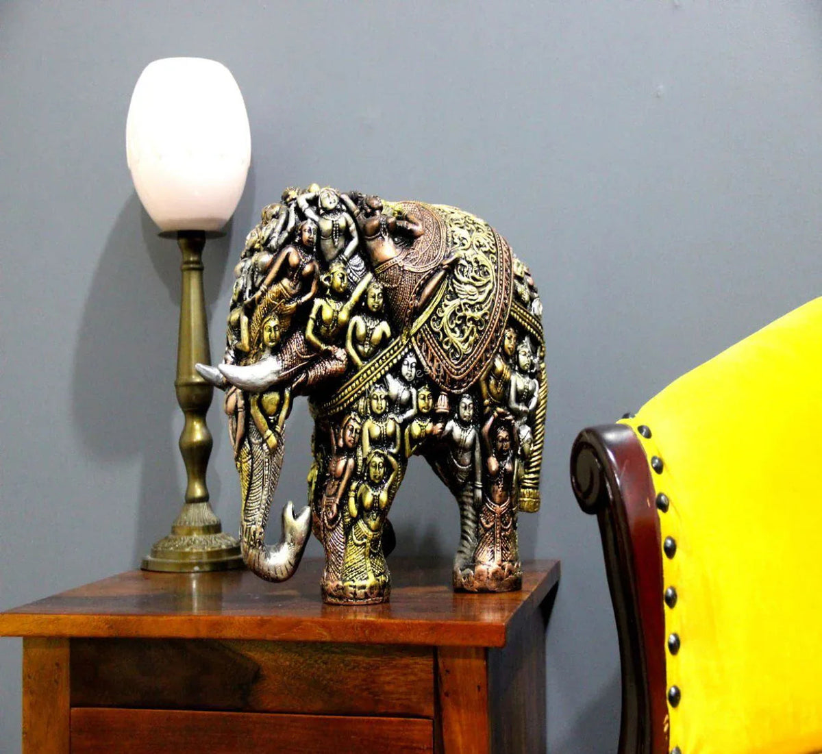 Multicolor Fiber Elephant Decor Trunk Up Golden Emboss Figurine - ArtyCraftz.com