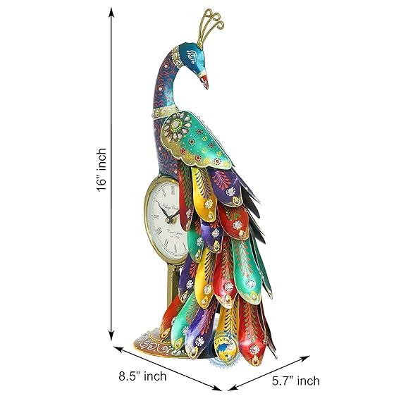 Multicolor Iron Metal Peacock Table Clock Showpiece - ArtyCraftz.com