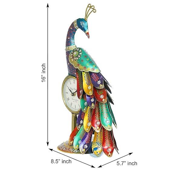Multicolor Iron Metal Peacock Table Clock Showpiece - ArtyCraftz.com