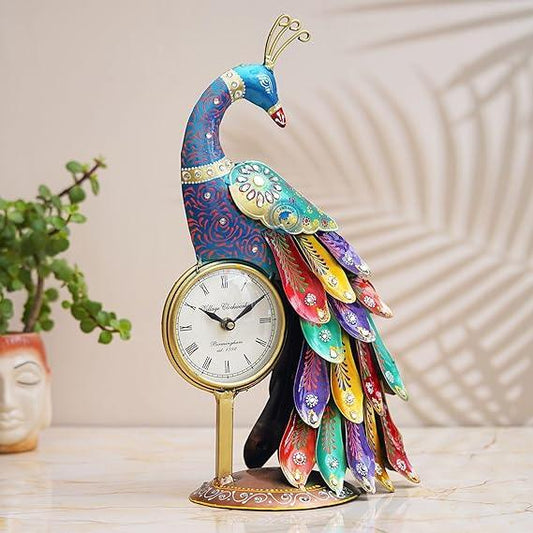 Multicolor Iron Metal Peacock Table Clock Showpiece - ArtyCraftz.com