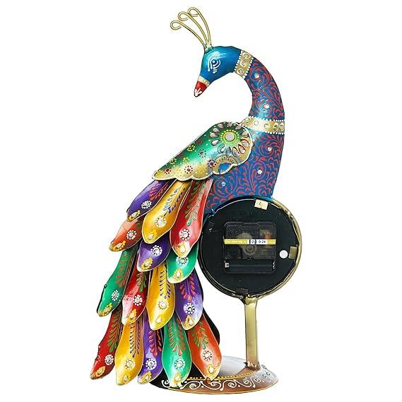 Multicolor Iron Metal Peacock Table Clock Showpiece - ArtyCraftz.com
