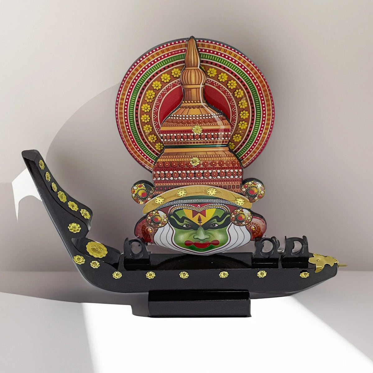 Multicolor Printed Kathakali Wooden Mask with Boatmen over Boat