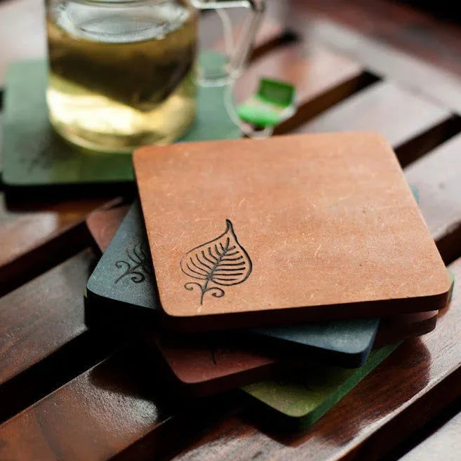 Multicoloured Elegant Leaf Engraved Wooden Te Coasters Set Of 5 - ArtyCraftz.com