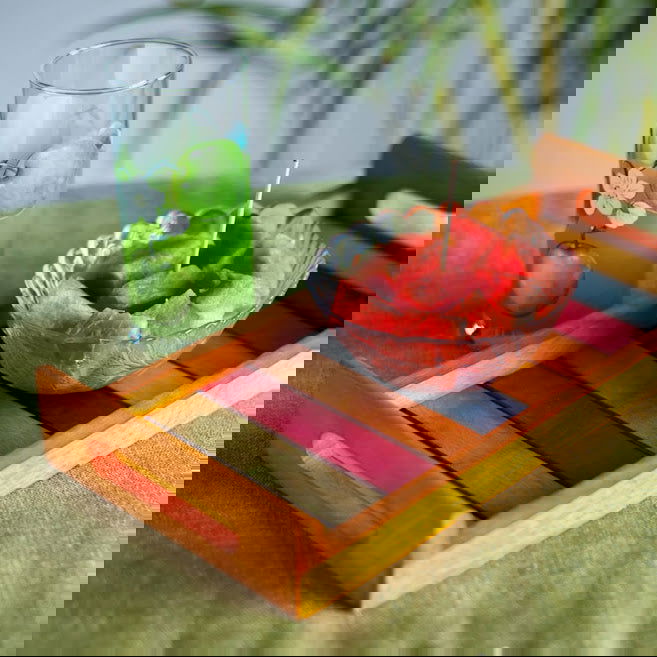 Multicoloured Orange Wooden Serving Tray (13 x 6 Inch) In Steam Beach Wood Dinnerware - ArtyCraftz.com