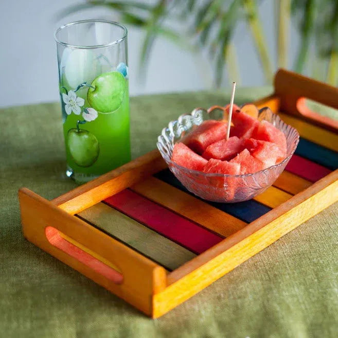 Multicoloured Orange Wooden Serving Tray (13 x 6 Inch) In Steam Beach Wood Dinnerware - ArtyCraftz.com