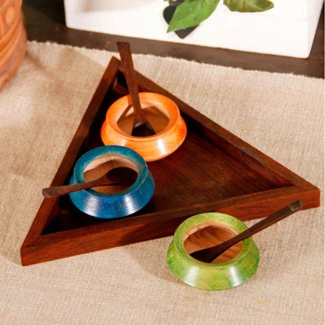 Multicoloured Triangular Wooden Parrot Jar Set With Tray & Spoon - ArtyCraftz.com