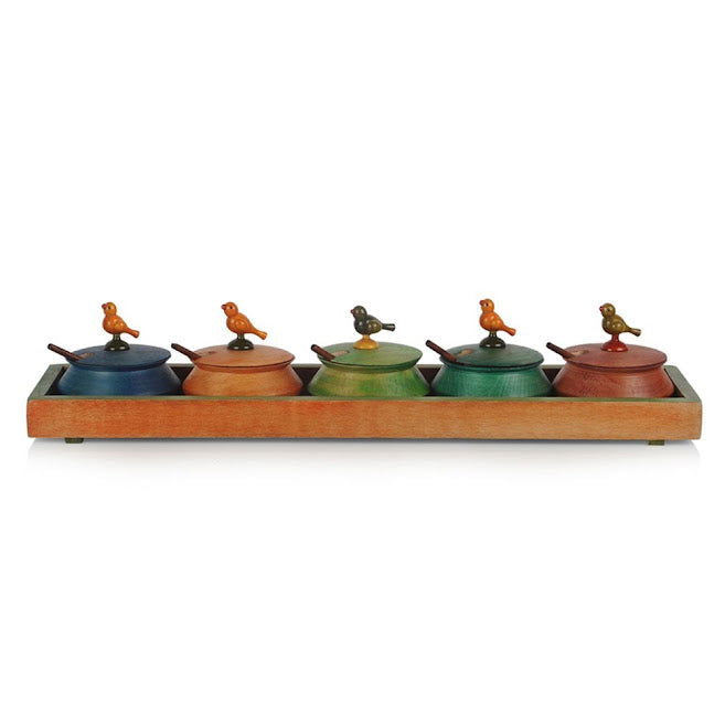 Multicoloured Wooden Parrot Jar Set With Tray & Spoon - Decorative Boxes, Spice Rack - ArtyCraftz.com