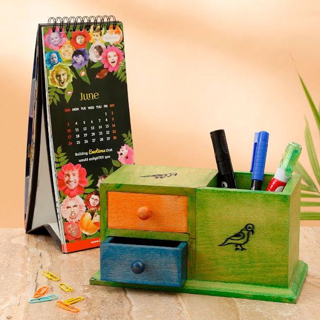 Muticoloured Wooden Decorative Study Table Organizer with Pen Stand - ArtyCraftz.com