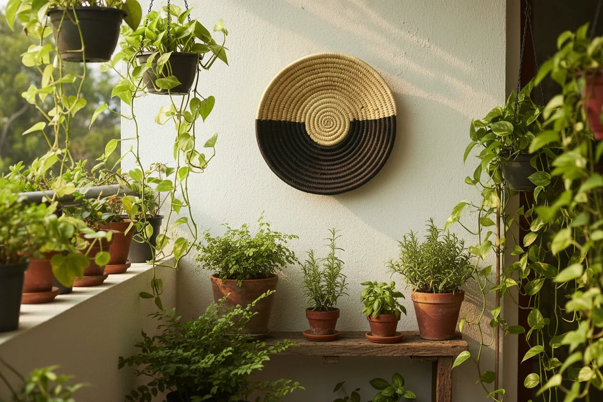 Natural Beige & Black Dual Tone Handwoven Sabai Grass Wall Plate-ArtyCraftz.com