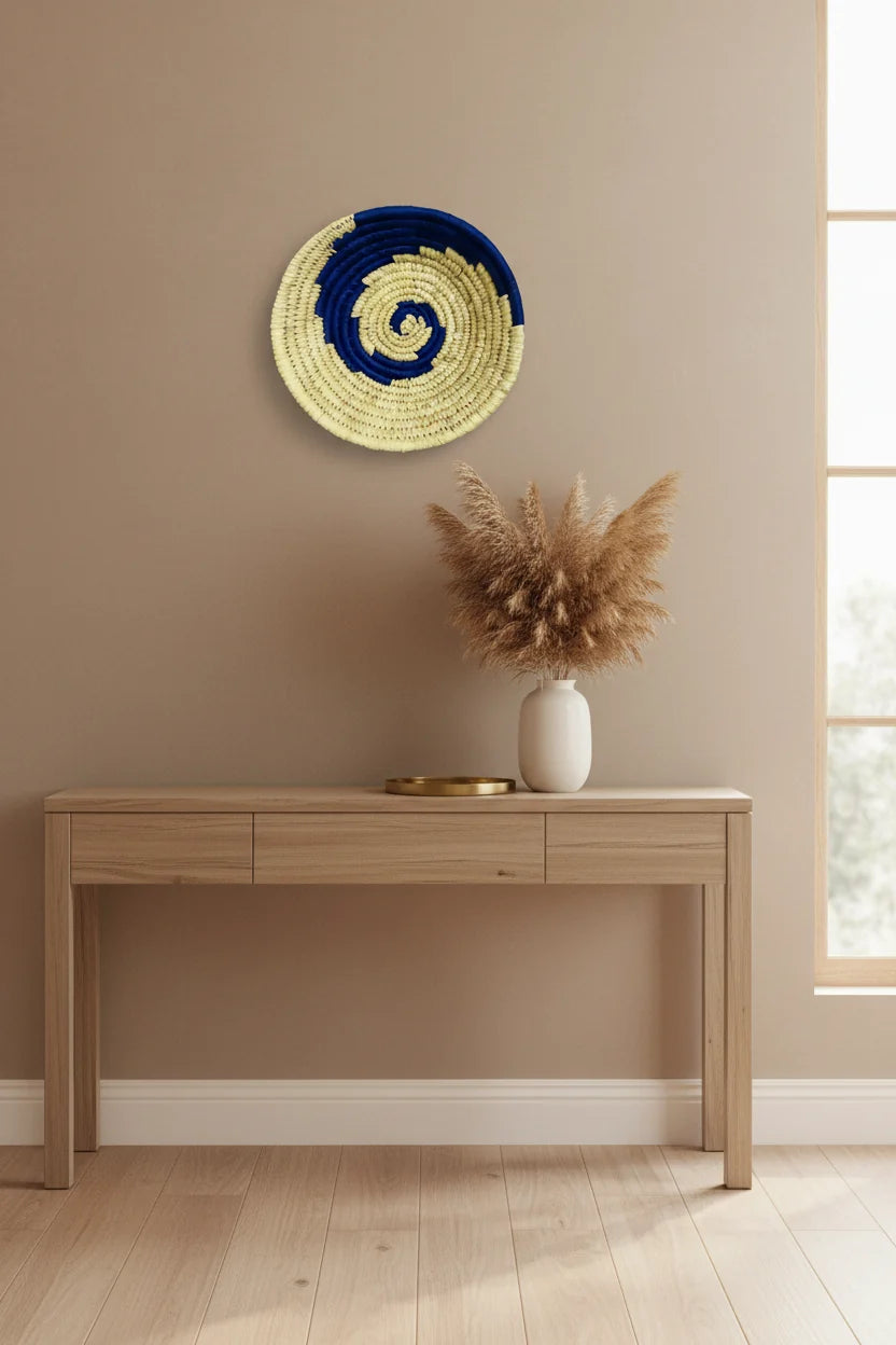 Natural Beige & Blue Spiral Design Handwoven Sabai Grass Wall Plate-ArtyCraftz.com