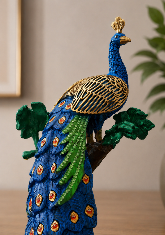 Decorative peacock figurine with blue and green colors on a neutral background