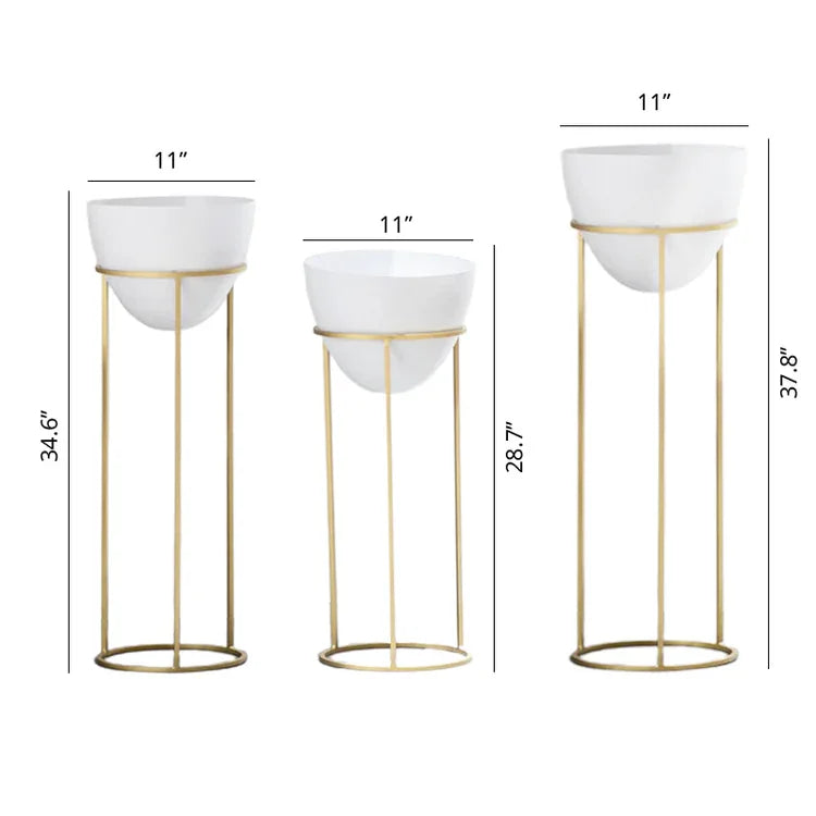 Set of 3 White Indoor Planters with Gold Metal Stands- ArtyCraftz.com