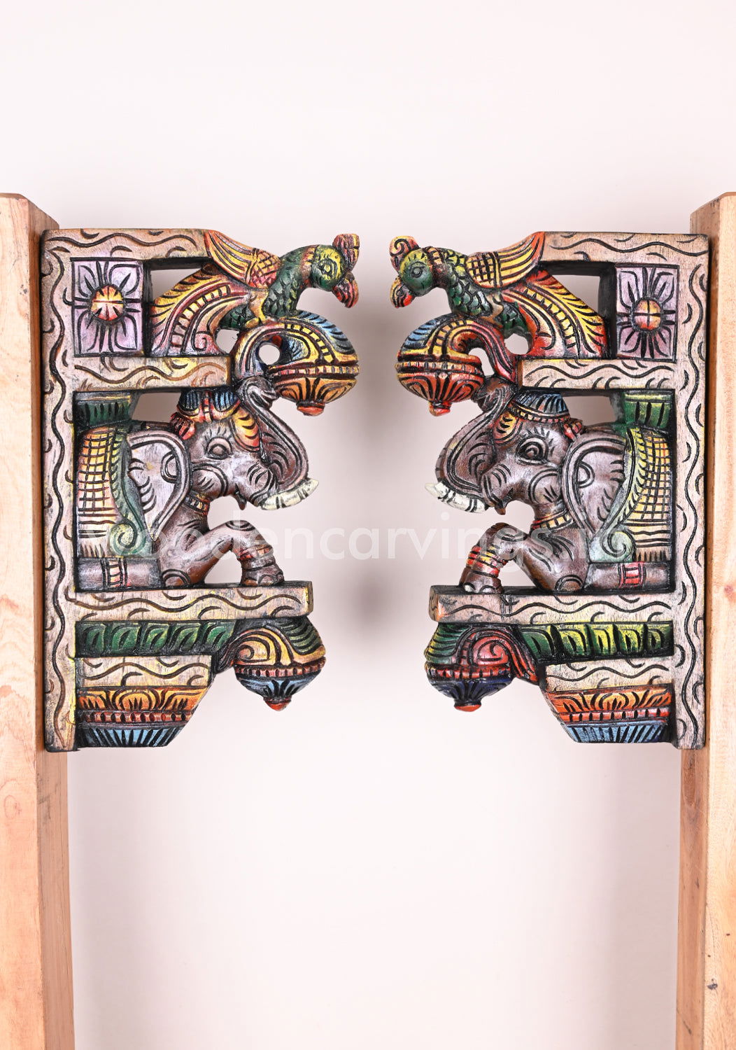 Paired Colourful Upraised Grey Elephants With Green Parrots Wooden Wall Brackets 15 inches - ArtyCraftz.com